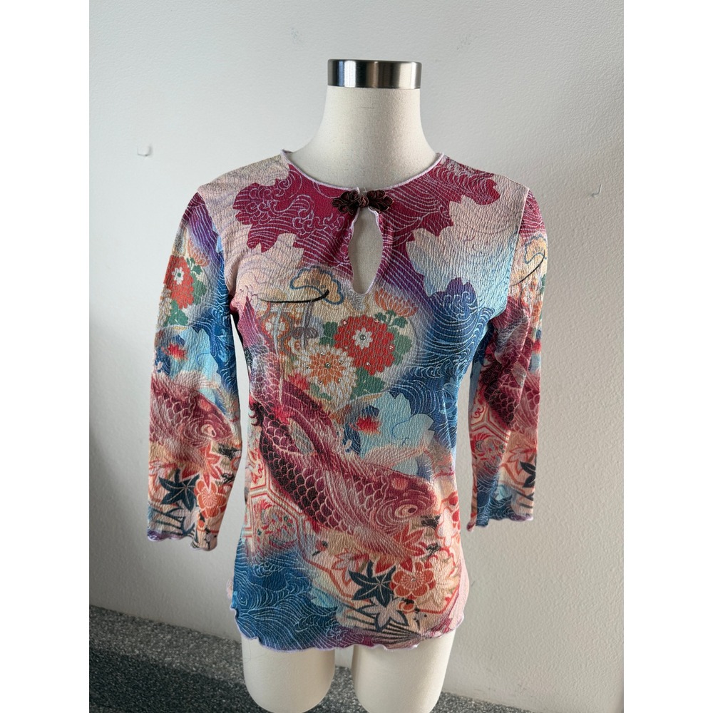 Vintage Y2K Womens Small Koi Fish Floral Mesh Top Frog Closure Keyhole Red Blue